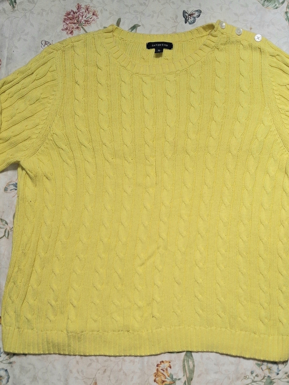 Lands' End Lemon Yellow Cable-Knit Crewneck Sweater with Shoulder Buttons
